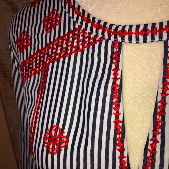 Sz M Francesca’s Blue Rain Red Embroidered Blue Striped Shirt - Picture 3 of 12